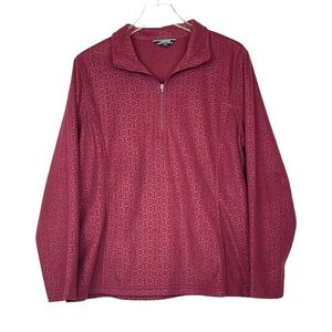Lands’ End Sweatshirt Womens XL 18 Red Burgundy Floral Embossed 1/4 Zip Pullover